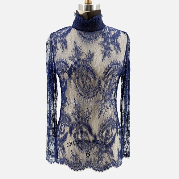 Tops - Romantic Lace Sheer Mesh Long Sleeve Layering Top  Blouse Mock Neck S Blue